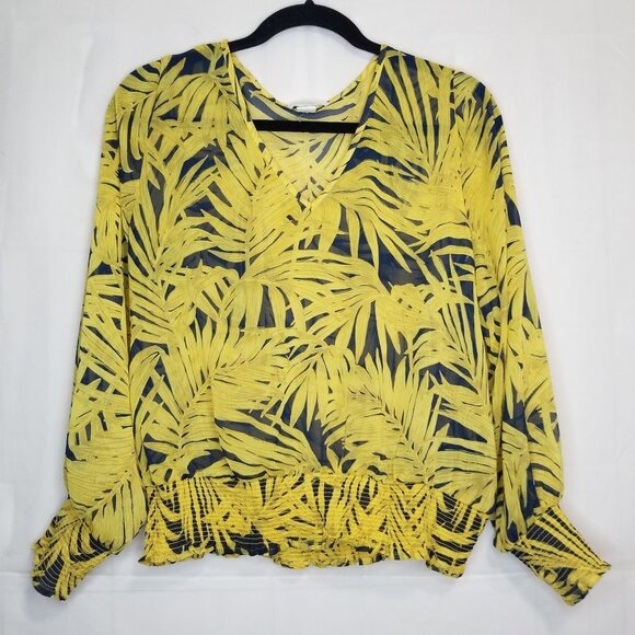 H&M palm leaf print blouse yellow size 8 S/M dolman sleeve sheer top v-neck - Picture 1 of 9